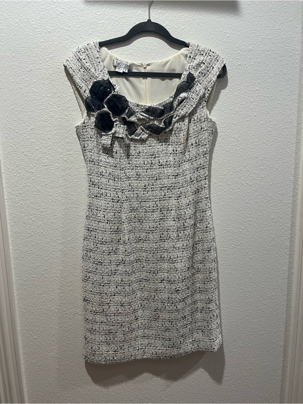 Kay Unger Ivory Tweed Sheath Dress with Black Trim